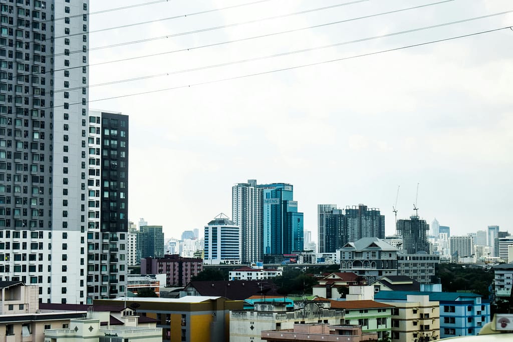 Urban skyline featuring modern skyscrapers and diverse architecture.